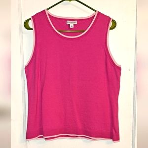 Kim Rogers pink sweater vest with white trim preppy classic spring feminine soft